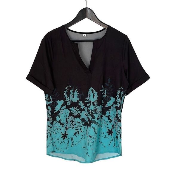 Made with Love Short Sleeve Pullover Blouse Black Turquoise Floral Size Medium - Picture 1 of 7